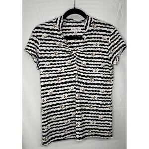 Sport Haley Twist Front V-Neck Top Women's Medium Black White Bird Print